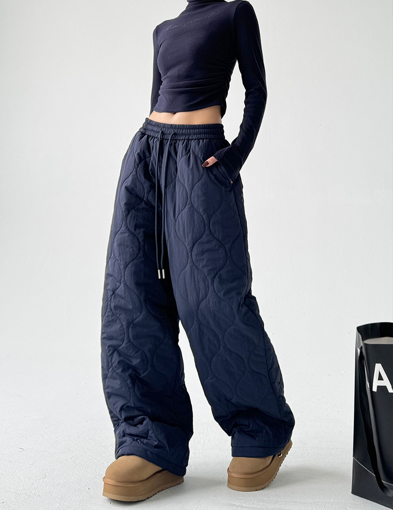 Quilted Lined Wide-Leg Drawstring Pants